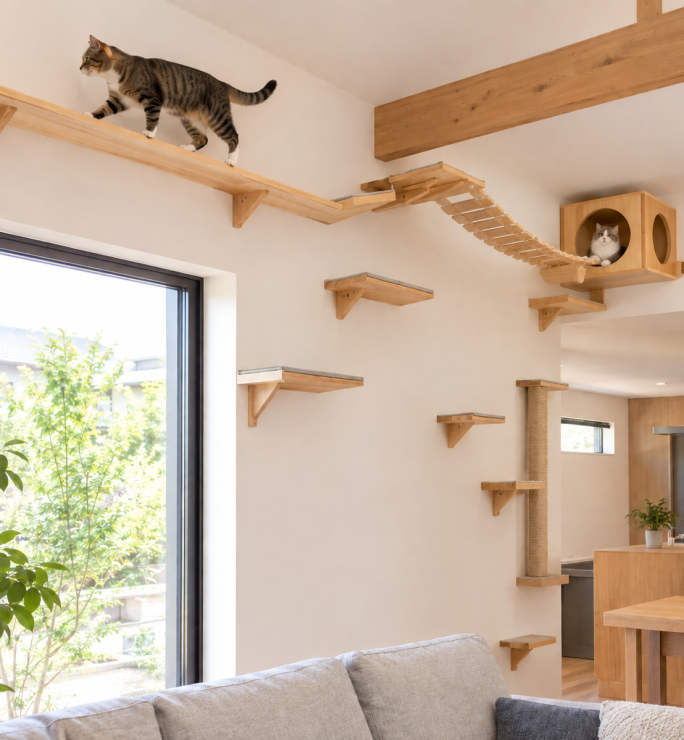 猫ちゃんと暮らす、シンプルで機能的な造作デザイン