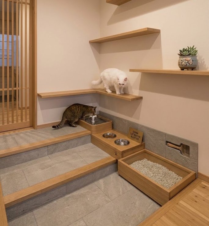 猫ちゃんと暮らす、シンプルで機能的な造作デザイン
